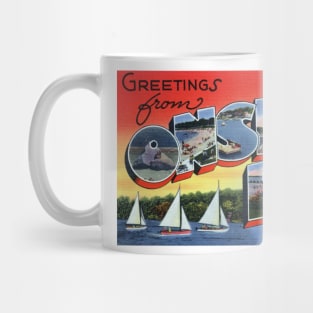 Greetings from Onset Bay Massachusetts, Vintage Large Letter Postcard Mug